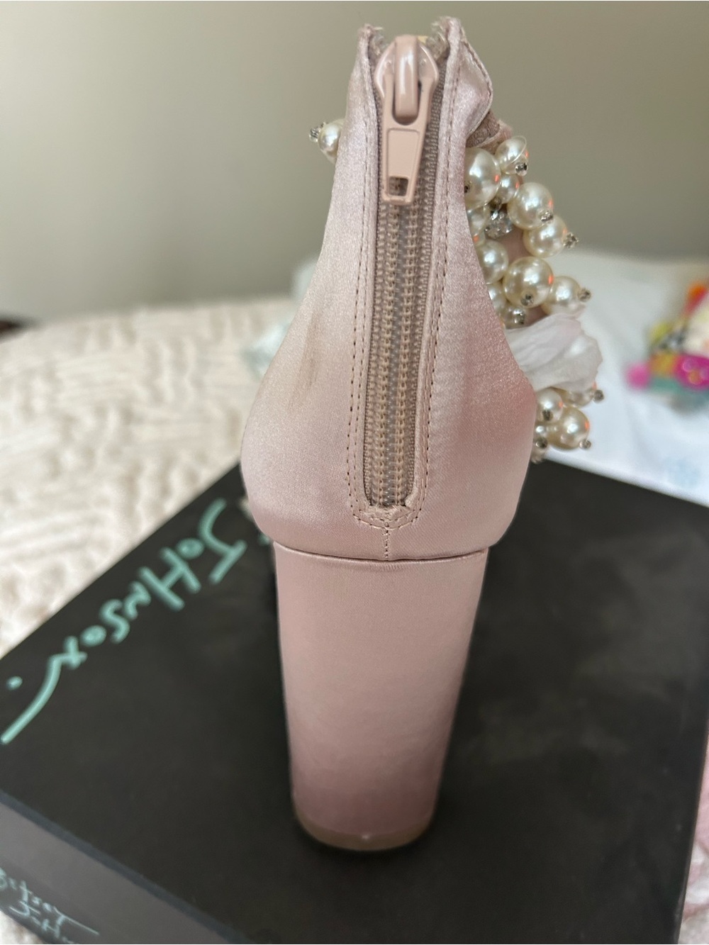 Betsey Johnson Blush Satin Pearl-Cluster High Heel Sandals - Picture 5 of 5